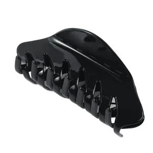Close-up of a glossy black acetate hair claw clip with a strong metal spring mechanism