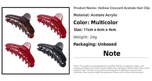 Detail view of hollow crescent acetate hair claws in four colors with 11cm size specs