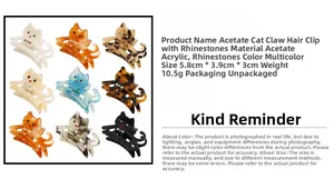 Detail of colorful acetate cat hair claws with rhinestone accents in nine patterns
