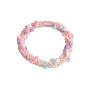 Élastique à cheveux avec pompons en peluche pastel et corde tressée rose pour queue