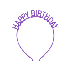 Detail view of purple Happy Birthday headband with non-slip teeth for party hair accessories