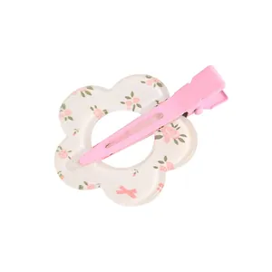 Pinza para el pelo floral de acrílico con estampado de flores rosas y clip de metal