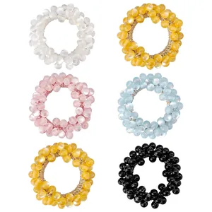 Korean Style Colorful Faux Cat-Eye Stone Elastic Hair Ties Beaded Ponytail Holder Fashion Hair Rope For Women Girls Daily Hair Accessories