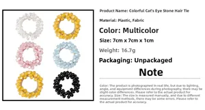 Detailed view of colorful cat eye stone elastic hair ties showing materials and dimensions
