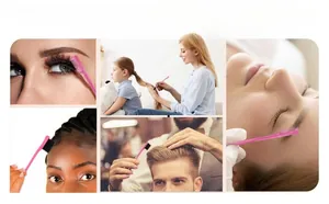 Set spazzole per bordi capelli e sopracciglia rosa mostrato in diverse applicazioni