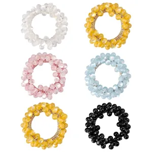 Set of 6 colorful beaded elastic hair ties with shimmering resin stones for ponytails
