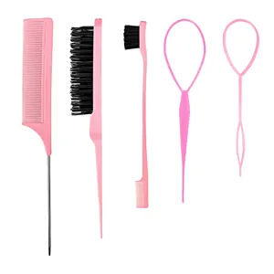 Set di 5 strumenti per acconciature rosa con pettine a coda, spazzola e passante