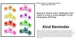 Detail specifications of 9.8cm gradient frangipani flower hair clips in various colors