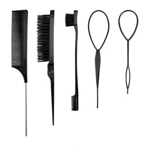 Set professionale 5 pezzi per capelli nero con pettine a coda, spazzola e passanti per capelli