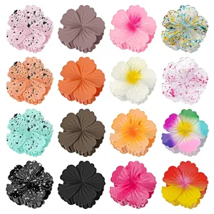 Set of 16 colorful 8cm gradient plumeria flower hair claws in a 4x4 matrix display