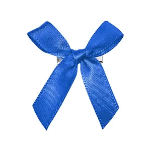 Gros plan du nœud papillon en satin bleu foncé avec sa barrette en métal argenté poli
