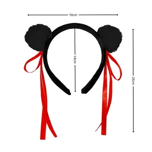 Cute Nezha style plush hairband with black fur pom poms and long red silk ribbons