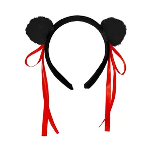 Cute black plush bear ear headband with long red silk ribbons for cosplay hair accessory