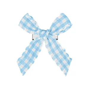 Barrette à cheveux avec nœud en tissu vichy bleu et blanc et pince crocodile en métal
