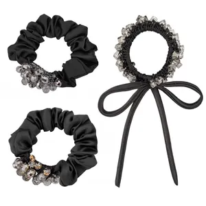 Korean Style Black Satin Scrunchies Bow Hair Ties With Artificial Crystal Rhinestones Elastic Hair Rope For Women Daily Accessory