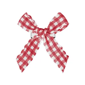 Détail du nœud papillon en tissu vichy rouge et blanc avec clip en métal argenté