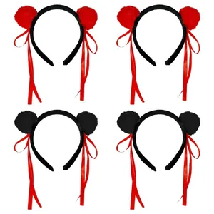 Cute cosplay headband set with plush pom pom ears and long red satin ribbon bows