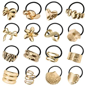 Goma para el Pelo con Lazo de Metal Dorado de Estilo Coreano para Mujer Niña Cuerda para el Pelo Negra Soporte para Coleta Accesory