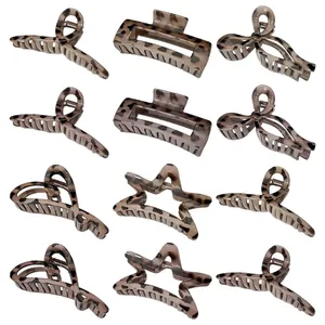 12-piece leopard print hair claw set featuring heart, star and geometric acrylic clips