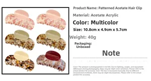 Detailed size specifications and material chart for large checkered acetate hair claws