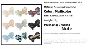 Detail view of acetate butterfly bow hair clips with size dimensions and marble patterns