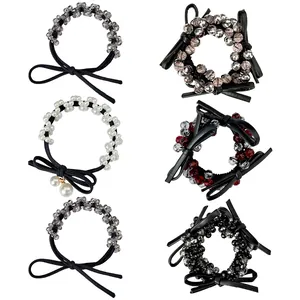 Women Faux Leather Bow Artificial Pearl Rhinestone Hair Tie Elastic Beaded Hair Ring Sweet Ponytail Bun Hair Accessories Jewelry