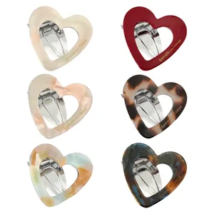 Women Hollow Heart Hair Clip Elegant Acetate Marble Pattern Metal Barrette Sweet Korean Style Hair Accessory Daily Dating