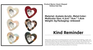 Detailed view of hollow heart hair claw clips in various acetate marble patterns
