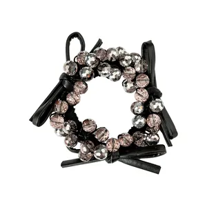Faux leather bow hair tie with purple crystal beads and pearls for women hairstyles