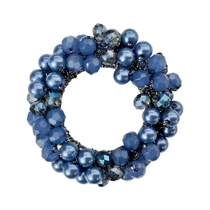 Blue rhinestone hair tie with crystal beads and pearls on high elastic band