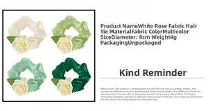 Detail specifications for camellia flower scrunchies in cream and green shades