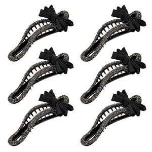 Elegante Pinza para el Cabello Estilo Coreano Con Lazo de Gasa Negra y Diamantes de Imitación Clip de Pelo Para Mujeres