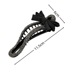 Pinza para el pelo con lazo negro y diamantes de imitación, accesorio elegante de 11,5 cm