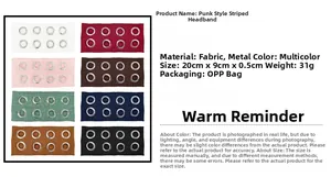 Detailed sizing chart and color guide for punk striped fabric headbands with metal eyelets
