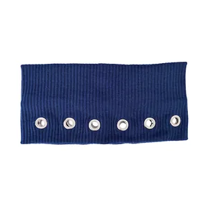 Navy blue ribbed knit headband with silver metal eyelets in punk rock style