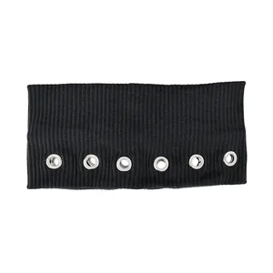 Unisex black ribbed knit sports headband with stylish silver metal grommets