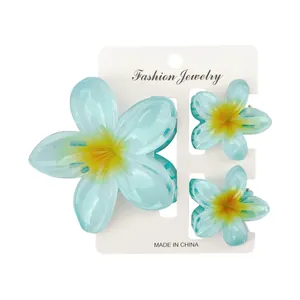 Detailset aus blauen Frangipani-Haarklammern aus Harz auf einer Displaykarte