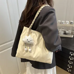 Fashion cream embossed tote bag with woven strap and cloud charm for women