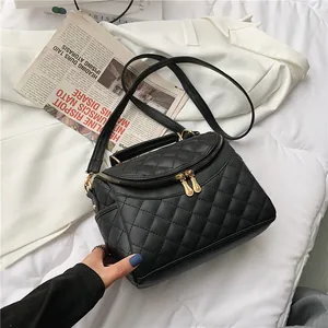 Rhombus Quilted PU Leather Shoulder Bag For Women Gold Double Zipper High Capacity Top Handle Crossbody Bag Trendy Handbag