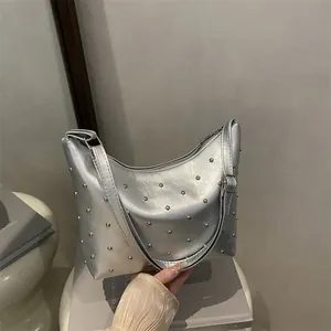 Women Studded Hobo Bag Glossy PU Leather Crescent Shoulder Bag Rivet Underarm Purse With Adjustable Strap Punk Style