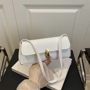 White lychee leather underarm bag with gold metal buckle for women's fashion
