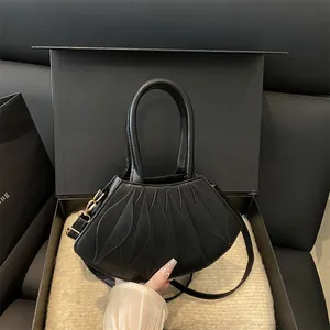 Women Fashion PU Leather Leaf Pleated Handbag Korean Style Fan Shaped Shoulder Crossbody Bag With Gold Hardware Party