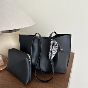 Large Capacity Women Tote Bag Minimalist PU Leather Shoulder Bag With Scarf Decoration Trendy Urban Commute Bag And Pouch