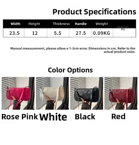 Detailed size specifications for the glossy patent leather baguette bag in four colors