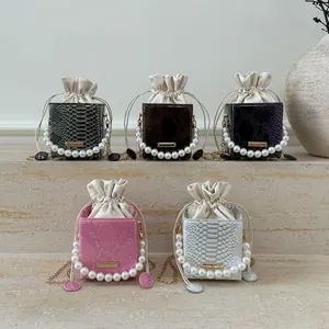 Mini snake-pattern box bags with pearl handles and chain straps in five colors