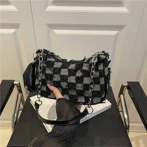 Checkered underarm bag with silver chain and detachable round coin purse detail