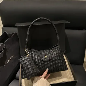 Women Woven Leather Shoulder Bag And Mini Pouch Vintage Intrecciato Underarm Handbag Solid Color Elegant Fashion Accessory