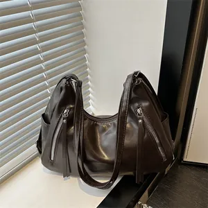 Vintage Soft PU Leather Underarm Hobo Bag For Women Large Capacity Tote Shoulder Bag With Tassel Zippers And Plush Pendant
