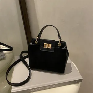 Women Vintage Patchwork Suede Faux Leather Crossbody Bag Gold Turn Lock Handbag Fashion Shoulder Bag Casual Square Messenger Bag