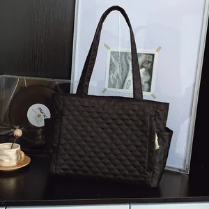 Women Quilted Rhombus Tote Bag Large Capacity Lightweight Nylon Shoulder Bag Casual Padded Handbag With Side Pockets For Work Travel